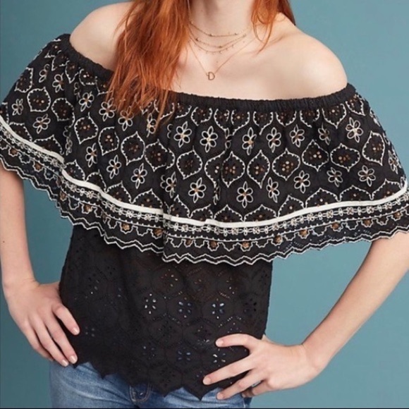 Hemant & Nandita Mavra Black Eyelet Lace Off the Shoulder Embroidered Blouse S - Picture 1 of 13